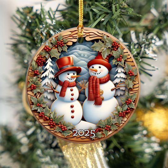Snowman Couple Ornament 2025, Christmas Tree Decoration, Holiday Keepsake, Red Hat Winter Snow Gift