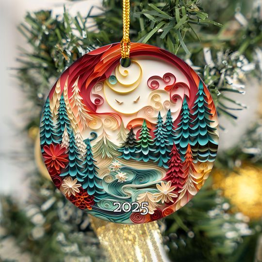 Discover 2025 Christmas Ornament, Colorful Forest Design, Ceramic Tree Decoration, Winter Holiday Keepsake