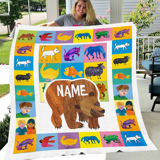 Personalized Brown Bear Blanket, Custom Name Kids Brown Bear Blanket, Brown Bear Birthday Gift