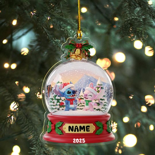 Personalized Name Stitch And Angel Characters 2D Flat Christmas Ornament, Stitch 2025 Ornament