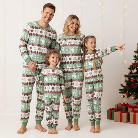 Discover Christmas Reindeer Family Pajama Set with Snowflake Print, Includes T-Shirt, Pants, and Socks in Pale Green