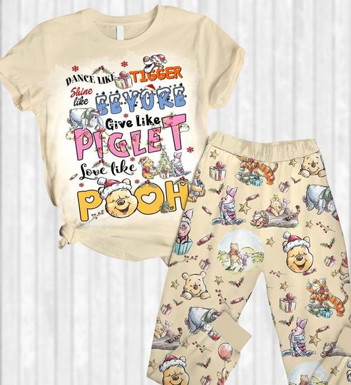 Vintage Winnie the Pooh Christmas Pajamas Set with Pooh and Friends T-Shirt and Pants for Women and Kids