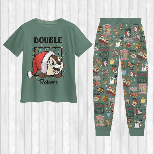 Discover Double Trouble Christmas Couple Pajamas Set with Chip and Dale, Disney Holiday T-Shirt and Pants, Matching Sleepwear for Couples