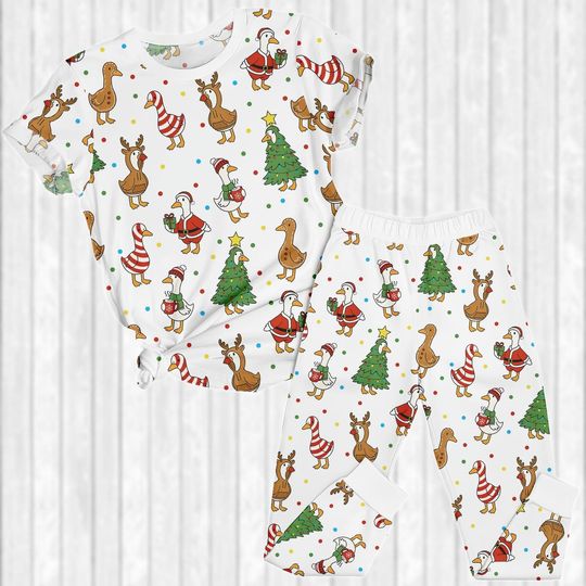 Discover Duck Christmas Lights Pajamas Set, Cute Duck Tee and Pants, Farm Animal Holiday PJs, Santa Goose Shirt