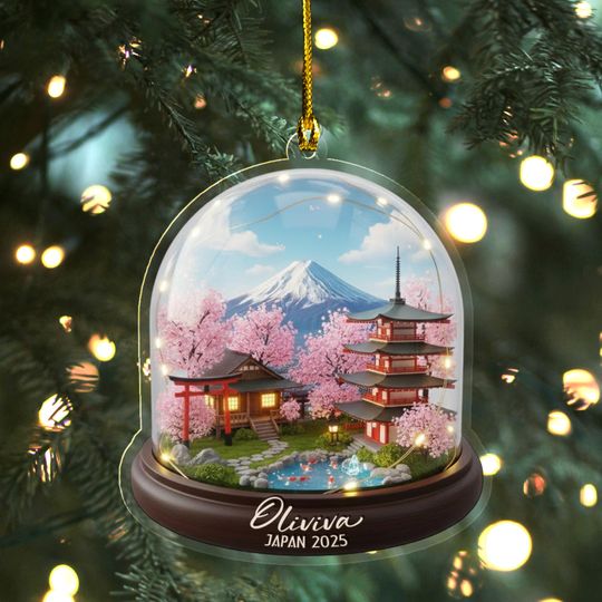 Discover Japan Travel Ornament 2025: Personalized Cherry Blossom & Mount Keepsake with Name AXKM14