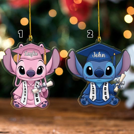 Discover Personalized Stitch And Angel Graduation Ornament, Lilo and Stitch College Graduation Class of 2025, Disney Princess Christmas Decor SL3V15