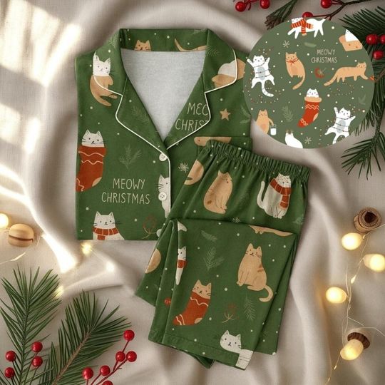 Discover Christmas Cat Pajamas Set for Women Men Matching Family Sleepwear | Cute Meowy Christmas Green Holiday Cat PJs Loungewear Gift