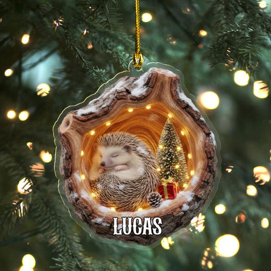 Discover Woodland Hedgehog Ornament, Bark log hollow, pinecones and moss, rustic ash-wood look, cozy Christmas tree style, Christmas ornament AXKM26
