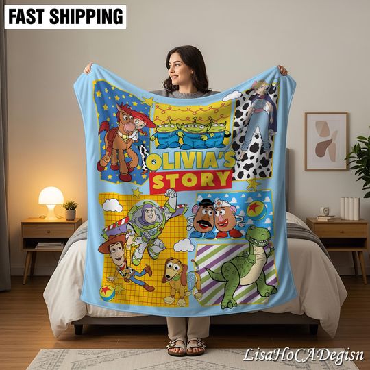 Discover Personalized Name Blanket, Custom Space Cowboy Blanket, Cute Toy Characters Throw, Kids Birthday Gift, Name Blanket for Boys Girls