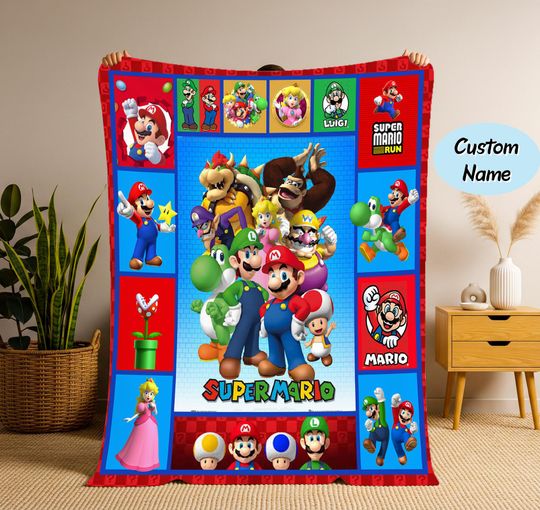 Personalized Super Mario Blanket, Custom Name Mario Blanket, Super Mario Birthday Kid Gift, Christmas Gift Kid, Cartoon Blanket