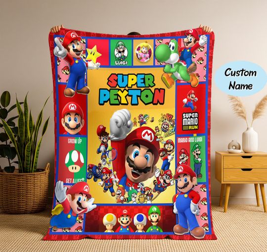 Discover Personalized Super Mario Blanket, Cartoon Blanket, Custom Name Mario Blanket, Super Mario Birthday Kid Gift, Christmas Gift Kid