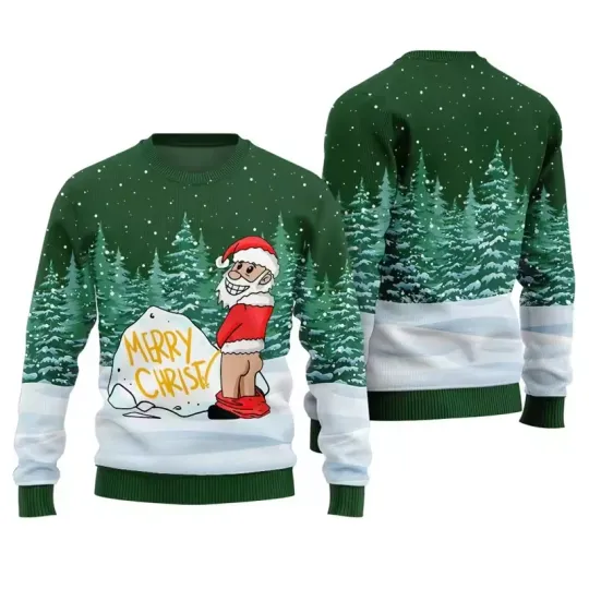 Discover Funny Naughty Santa “Merry Christm-” Forest Scene Ugly Christmas Sweater