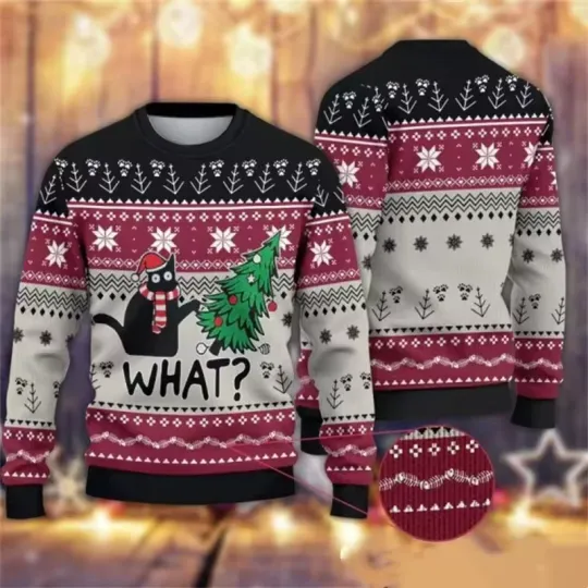 Discover Cute Cat Graphic Ugly Christmas Sweater For Men Fashion Autumn Long Sleeve Top
