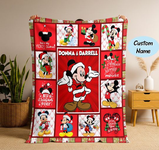 Discover Personalized Disney Mickey Mouse Christmas Blanket, Throws, Cartoon Style Gift for Boys and Girls, Christmas Gift, Bed Quilt Merch
