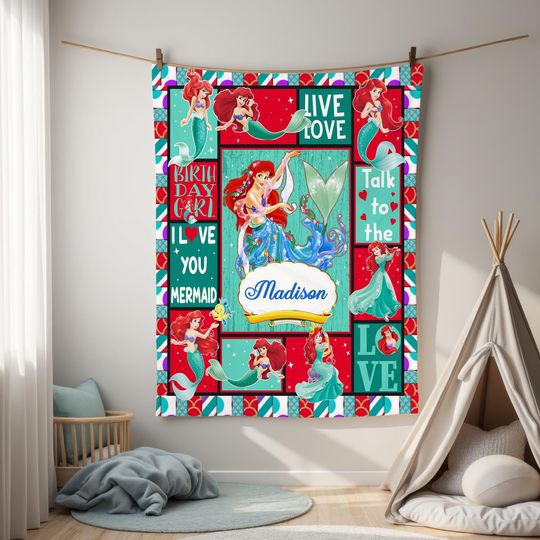 Discover Personalized The Little Mermaid Blanket, Ariel Princess Fleece Blanket, Princess Birthday Gift, Christmas Gift For Girls, Baby Blanket Gift