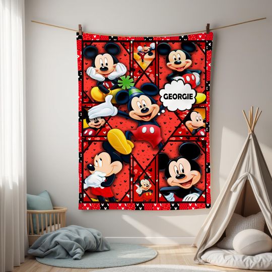 Discover Custom Name Mickey Mouse Fleece Blanket, Fleece Sherpa Throws, Cartoon Style Gift for Boys and Girls, Christmas Gift 2025, Baby Blanket Gift