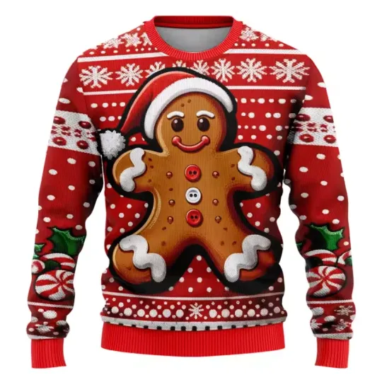 Funny 3D Gingerbread Ugly Sweatshirt Xmas Holiday Pullover Casual Clothing