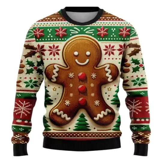 Funny 3D Gingerbread Ugly Sweatshirt Xmas Holiday Pullover Casual Clothing