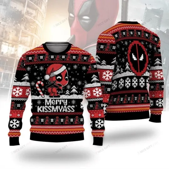 Discover Chibi Deadpool Merry Kissmyass Ugly Christmas Sweater, Funny Deadpool Christmas