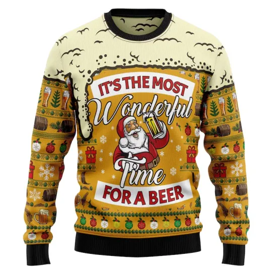 Beer Christmas Sweater, Funny Santa Ugly Xmas Jumper, Wonderful Time for a Beer