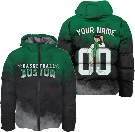 Discover Personalized Boston Basketball Team Celtics Hooded Puffer Jacket for Men, Gift for Fan