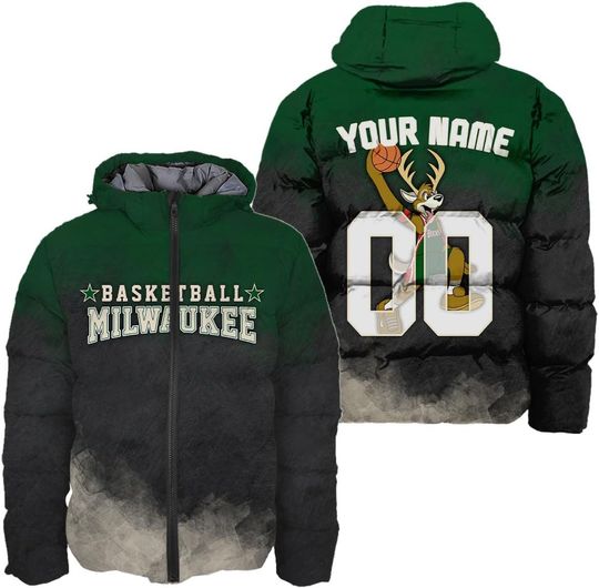 Personalized Milwaukee Basketball Team Bucks Hooded Puffer Jacket for Men, Gift for Fan