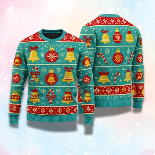 Discover Ugly Christmas Sweater with Bells & Candy Canes, Funny Holiday Knit Jumper