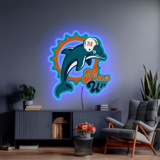Miami Dolphins neon sign, Fins Up neon sign, Miami Dolphins logo art, Miami Dolphins gift, Football team sign decor, Miami Dolphins decor