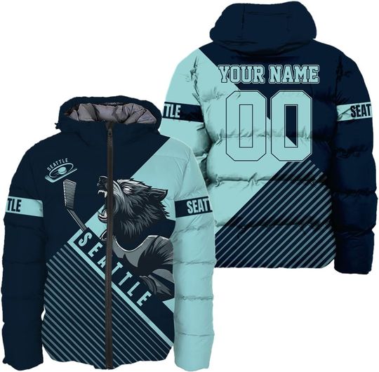 Discover Personalized Seattle Basketball Team Kraken Hooded Puffer Jacket for Men, Gift for Fan