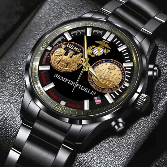 US Marine Corps Black Stainless Steel Calendar Band Watch