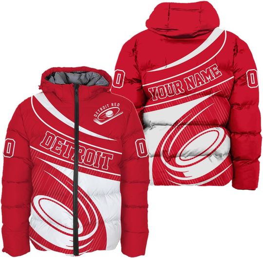 Discover Personalized Detroit Red Hockey Team Wings Hooded Puffer Jacket for Men, Gift for Fan