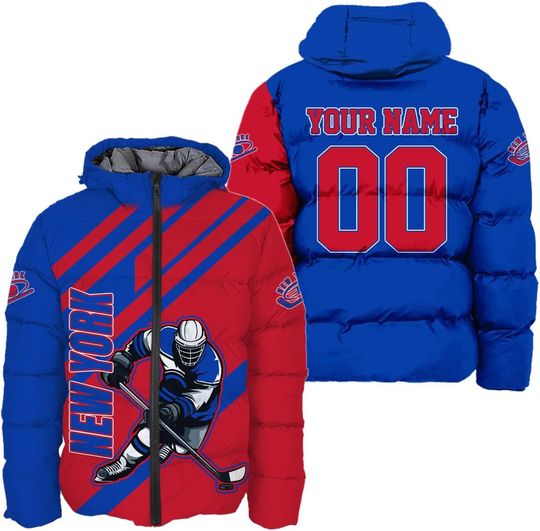 Discover Personalized New York Hockey Team Rangers Hooded Puffer Jacket for Men, Gift for Fan