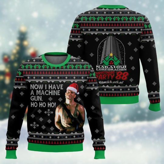 Die Hard John Mcclane Ugly Christmas Sweater, Yippee Ki Yay Nakatomi Plaza Xmas Sweater, Bruce Willis Machine Gun Sweater, Holiday Gift