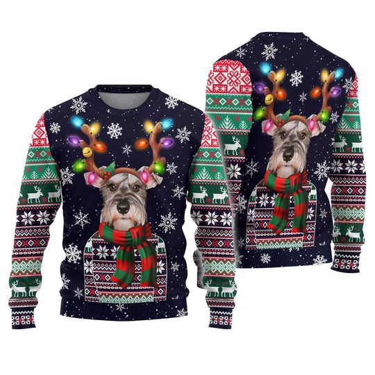 Discover Schnauzer Dog Christmas Ugly Sweater, Reindeer Hat Xmas Sweater, Cute Dog Holiday Sweater For Men Women Kids, Pet Lovers Sweater Gifts