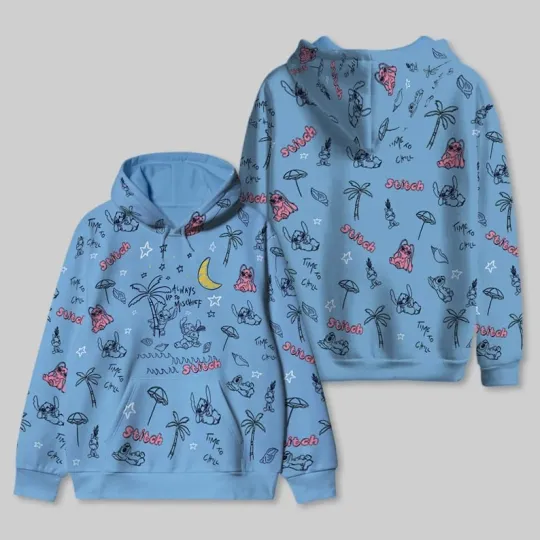 Stitch And Angel Always Up To Mischief Time To Chill Blue Hoodie 3D Printed