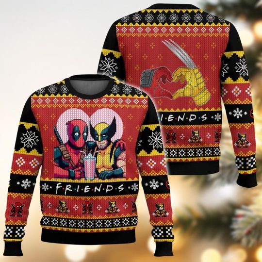 Deadpool Wolverine Friends Christmas Ugly Sweater, Funny Bestie Movie Sweater, Superhero Xmas Sweater, Family Sweater, Holiday Sweater