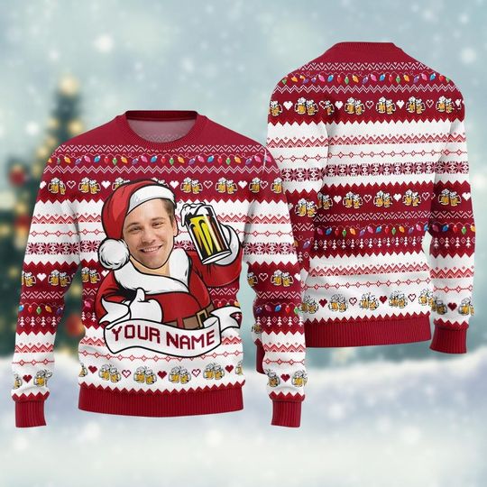 Custom Face Photo Holiday Sweater, Personalized Beer Santa Ugly Christmas Sweater, Funny Sweater For Men Women Kids, Xmas Holiday Gifts