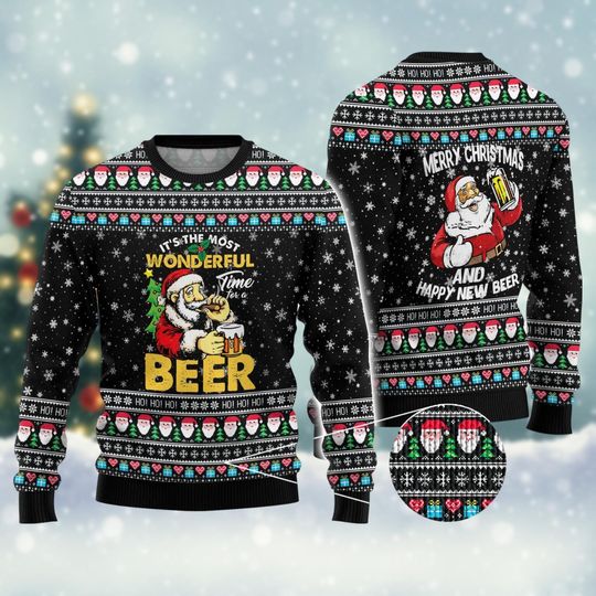 Discover It's The Most Wonderful Time For a Year Ugly Sweater, Mens Sweater, Christmas Sweater, Merry Christmas And Happy New Beer Xmas Sweater