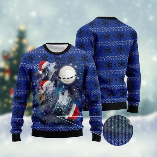 Wolf Christmas Sweater, Wolves Howling At The Moon Sweater, Foggy Forest Xmas Sweater, Sweater For Men Women Kids, Santa Wolf Shirt