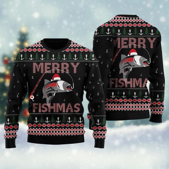 Merry Fishmas Ugly Christmas Sweater, Fishing Xmas Sweater, Fishing Ugly Christmas Sweater, Merry Fishmas Holiday Sweater
