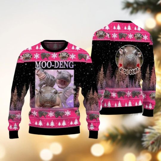 Discover Christmas Moo Deng Bouncy Pig Ugly Sweater, Cute Thai Baby Hippo Sweater, Gift For Hippo And Animal Lovers, Moo Deng Ugly Xmas Sweater