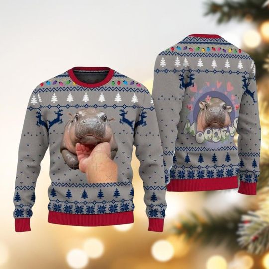 Discover Moo Deng Bouncy Pig Ugly Christmas Sweater, Cute Thai Baby Hippo Sweater Family, Gift For Hippo And Animal, Hippo Christmas Sweater