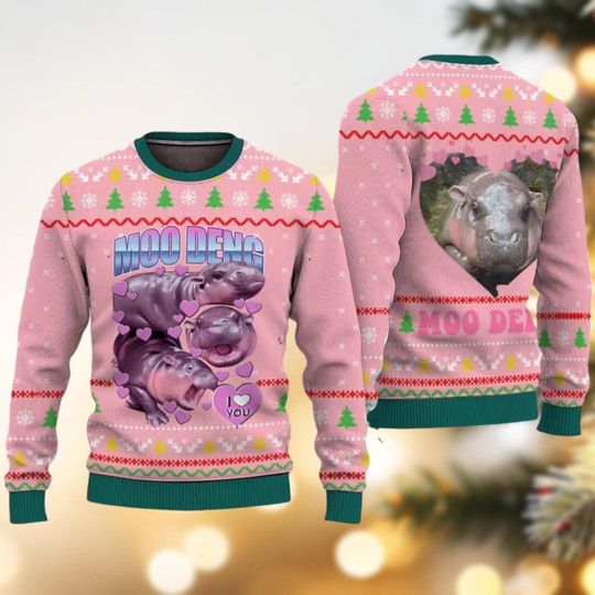 Discover Moo Deng Christmas Sweater, Bouncy Pig In Thai Ugly Sweater, Moo Deng Shirt, Baby Hippo Christmas Sweater, Holiday Sweater For Family
