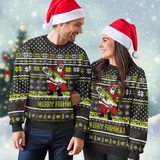 Santa Claus Hug Fish Ugly Christmas Sweater, Merry Fishmas Holiday Sweater, Funny Fishing Shirt, Xmas Gifts For Men Women Kid