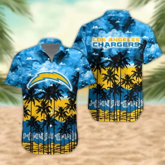 Los Angeles Chargers Hawaiian Shirt with Palm Trees Sunset and Cloud Sky