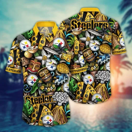 Discover Pittsburgh Steeler Hawaiian Shirt with Palm Trees Sunset and Island Spirit Mask