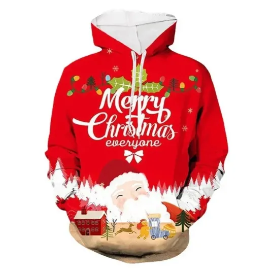 Discover Merry Christmas Everyone Hoodie - Santa Claus & Reindeer 3D Holiday Pullover