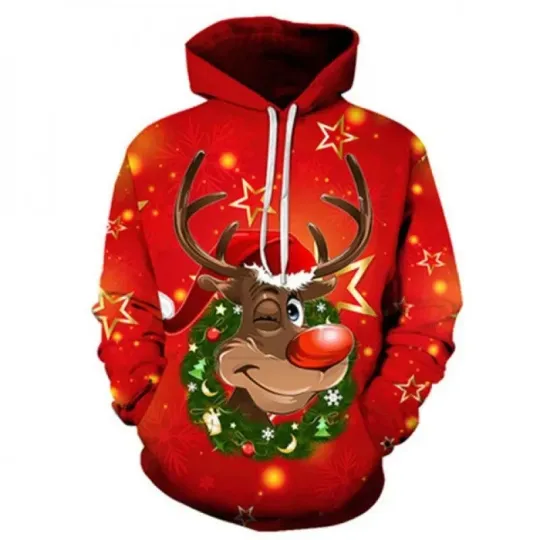Funny Christmas Reindeer Hoodie Cute Rudolph Red Nose 3D Holiday Pullover