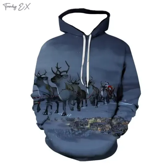 Discover Santa Reindeer Hoodie, Ugly Christmas Sweatshirt, Snowy Night Holiday Top