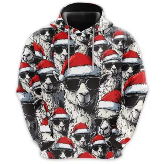 3D Cool Llama Santa Hoodie Funny Christmas Sunglasses Unisex Holiday Sweatshirt